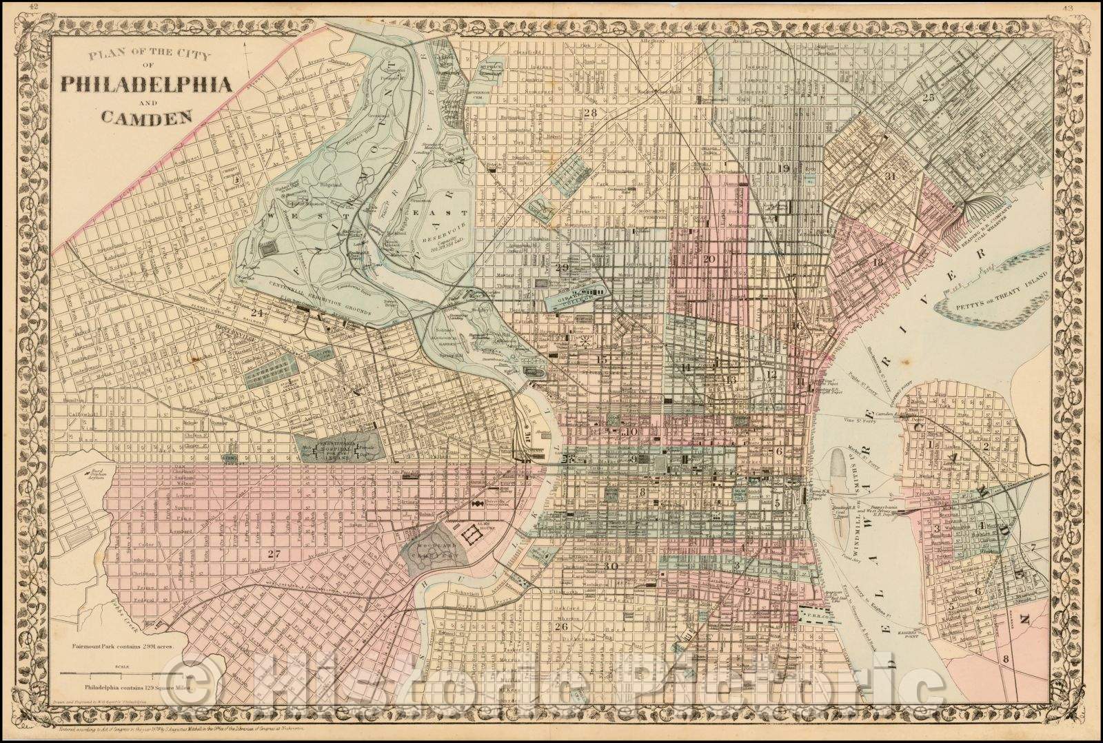 Historic Map - Plan of the City of Philadelphia and Camden, 1878, Samuel Augustus Mitchell Jr. - Vintage Wall Art