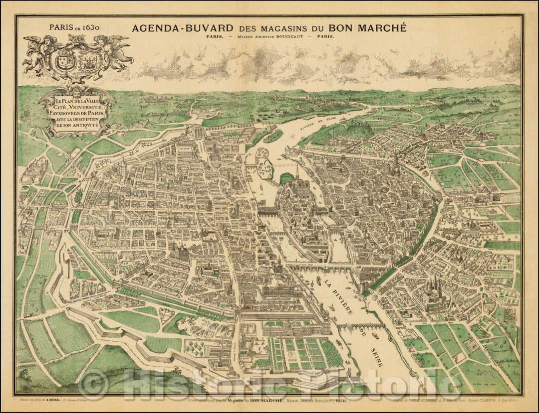 Historic Map - Paris en 1630 - Le Plan de la Ville, Cite, Universite, Faux/Plan of Paris, Magasins du Bon-Marches as a promotional supplement, 1890 - Vintage Wall Art