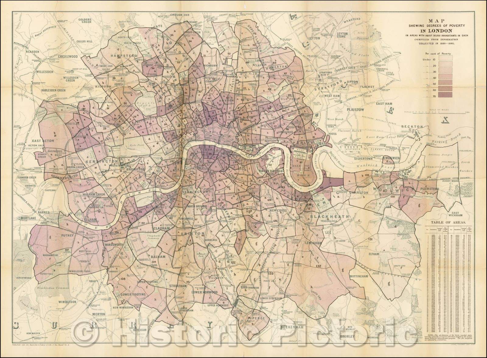 Historic Map - Map Showing Degrees of Poverty in London, 1889, - Vintage Wall Art