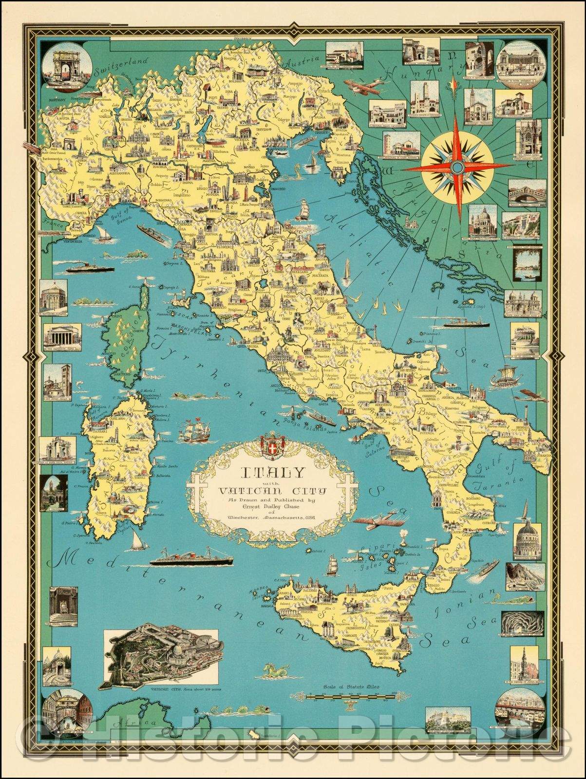 Historic Map - Italy with Vatican City, 1935, Ernest Dudley Chase - Vintage Wall Art