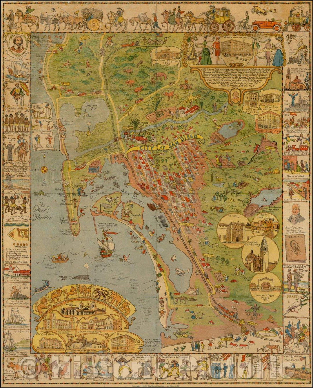 Historic Map - This limned Carte portraying with most exacting fidelity the History, Romance and Humour of the glorious City of San Diego, 1928, Jo Mora v3