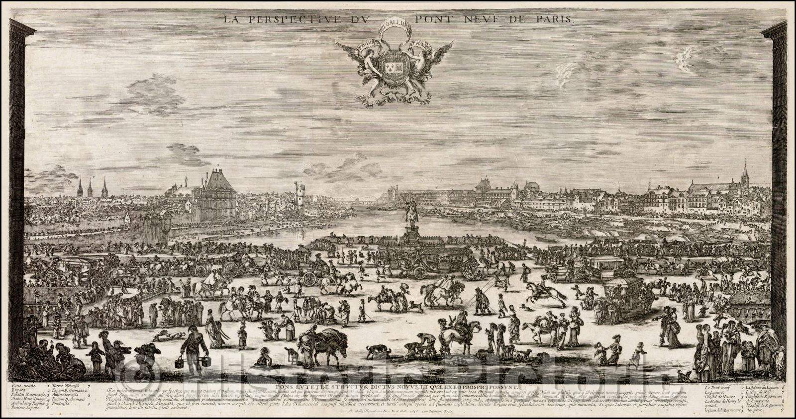 Historic Map - La Perspective Du Pont Neuf De Paris/View of Paris, looking up the Seine River, 1646, Stefano Della Bella - Vintage Wall Art