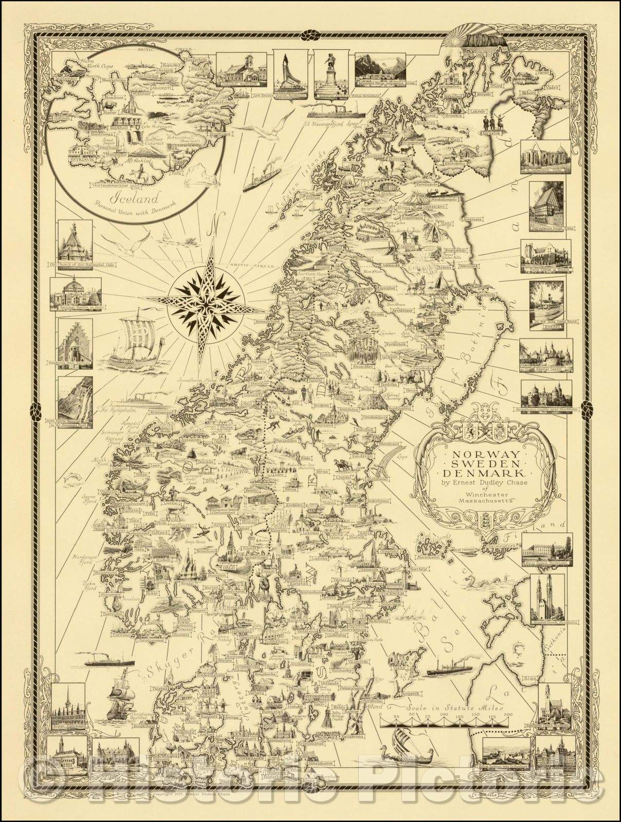 Historic Map - Norway Sweden Denmark, 1937, Ernest Dudley Chase - Vintage Wall Art