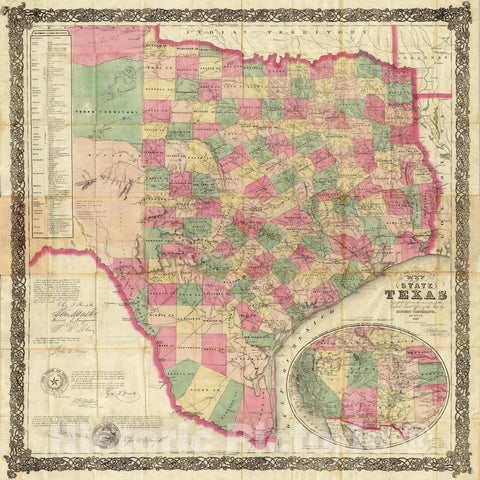 Historic Map - J. de Cordova's Map of the State of Texas, 1867, Jacob De Cordova - Vintage Wall Art