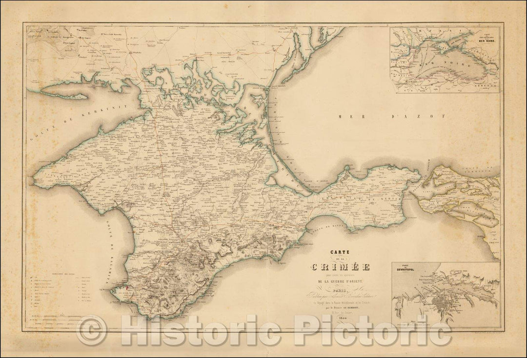 Historic Map - Carte de la Crimee pour suivre les operations de la Guerre D'Orient :: of the Crimea to monitor the operations of the D'Orient War. Travel, 1854 - Vintage Wall Art