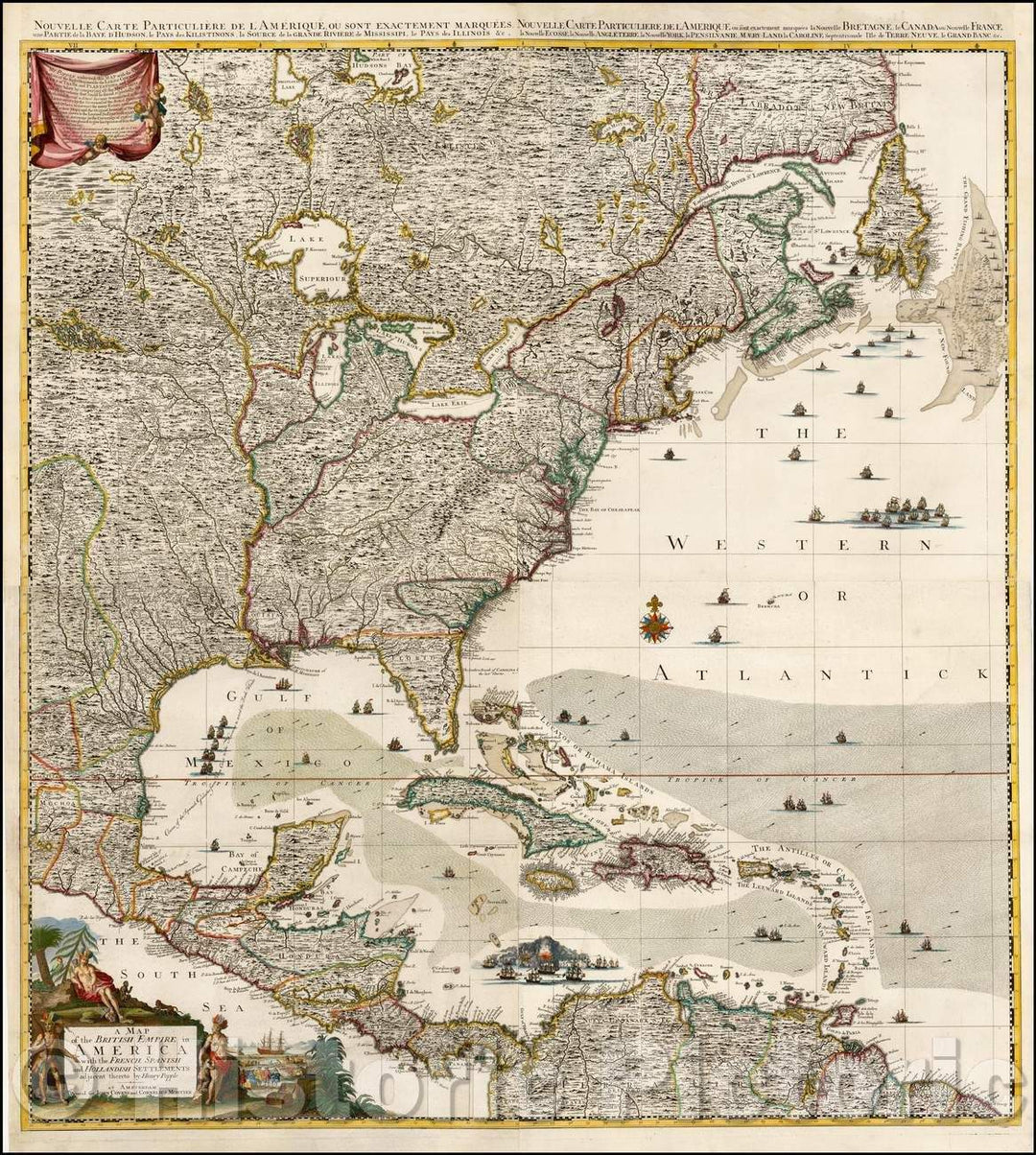 Historic Map - British Empire in America with the French Spanish and Dutch Possessions adjacent thereto, 1742, Henry Popple - Vintage Wall Art