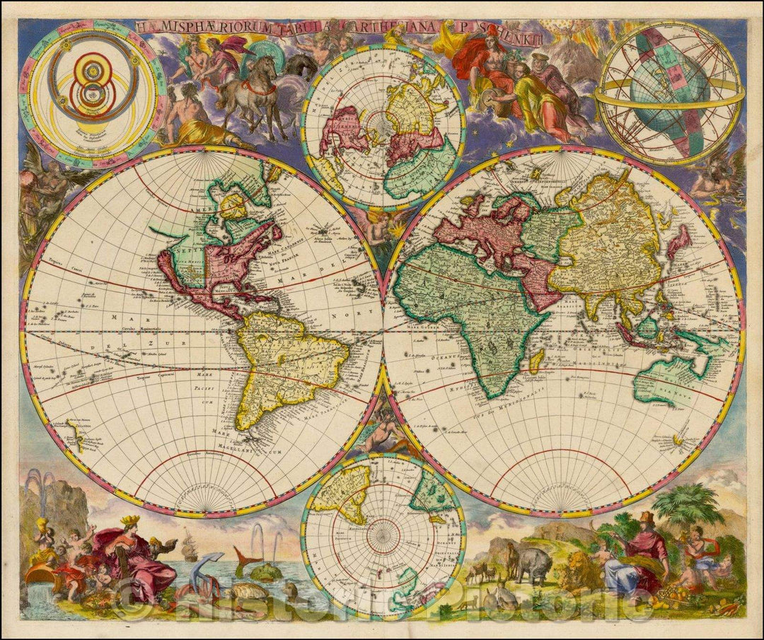 Historic Map - Hemisphaeriorum Tabula Carthesiana P. Schenk II/Double hemisphere Map of the World, published in Paris, 1700, Peter Schenk - Vintage Wall Art