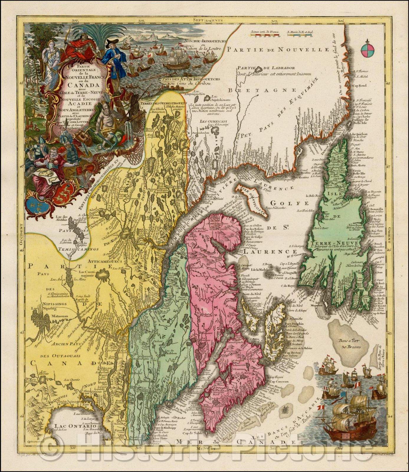 Historic Map - Partie Orientale de la Nouvelle France ou du Canada avec L'Isle de Terre-Neuve/Northeastern Canada,Nova Scotia, Labrador,Newfoundland, 1750 - Vintage Wall Art