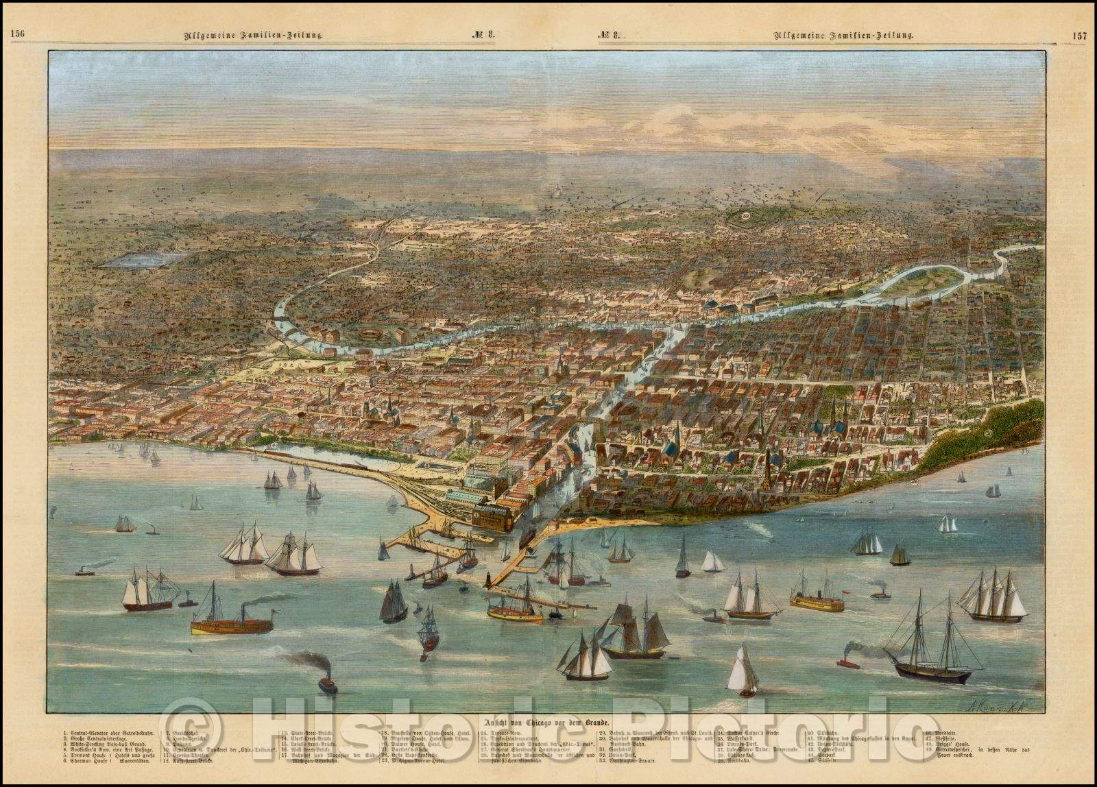 Historic Map - Ansicht von Chicago vor dem Brande/View of Chicago, with Lake Michigan in the foreground, from a German publication, 1872 - Vintage Wall Art