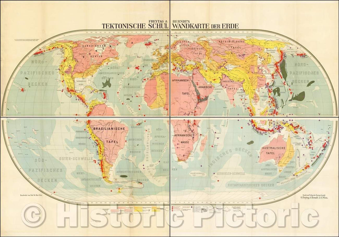 Historic Map - Freytag & Berndt's Tektonische Schul Wandkarte der Erde/Freytag & Berndt's Tectonic school wall map of the world, 1926, Freytag & Berndt - Vintage Wall Art