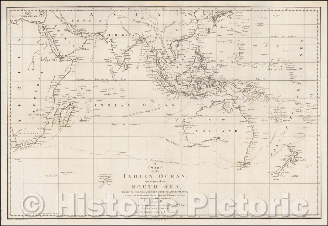 Historic Map - A Chart of the Indian Ocean, and of part of the South Sea, 1800, Jacques-Julien Houtou de LaBillardiere - Vintage Wall Art