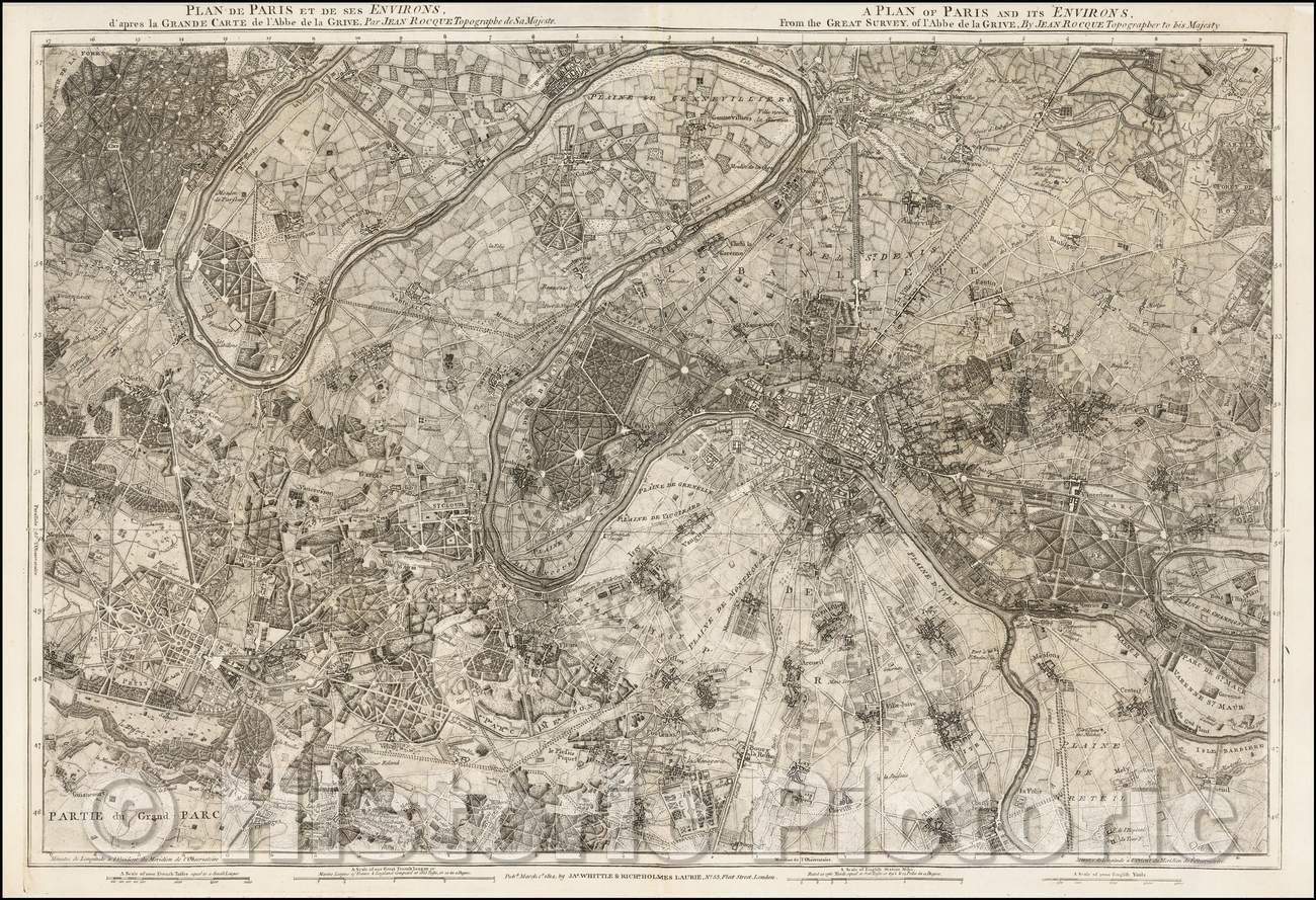 Historic Map - A Plan of Paris and its Environs. From the Great Survey, of l'Abbe de la Grive, 1814, John Rocque - Vintage Wall Art