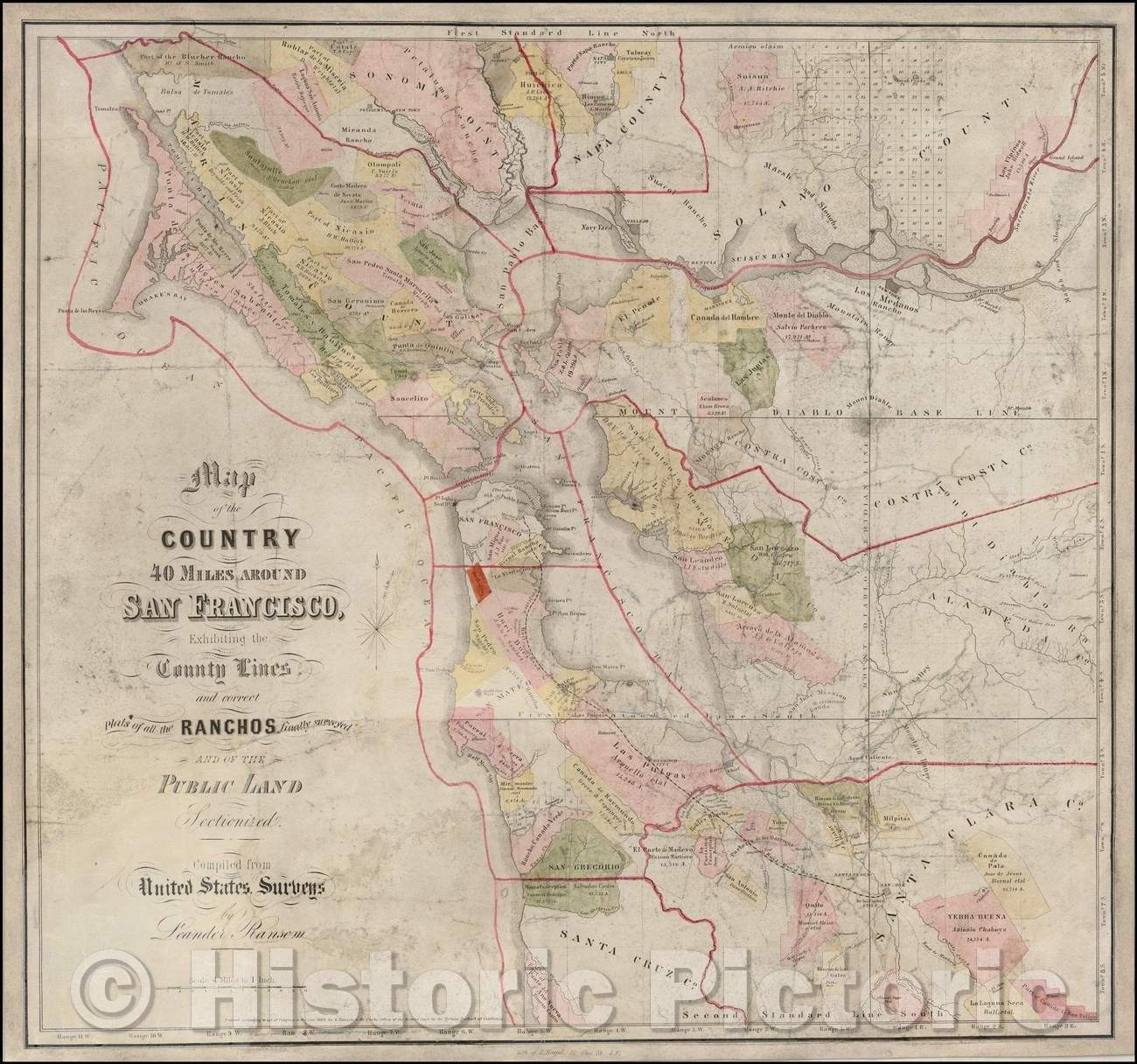 Historic Map - Map of the Country 40 Miles Around San Francisco, Exhibiting County Lines, and correct Plats of all the Ranchos finally, 1860, Leander Ransom - Vintage Wall Art