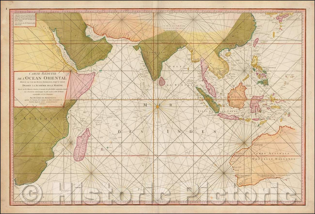 Historic Map - Carte Reduite de l'Ocean Oriental, depuis le Cap de Bonne Esp :: D'Apres De Mannevillette's Chart Indian Ocean, from his Neptune Orientale, 1771 - Vintage Wall Art