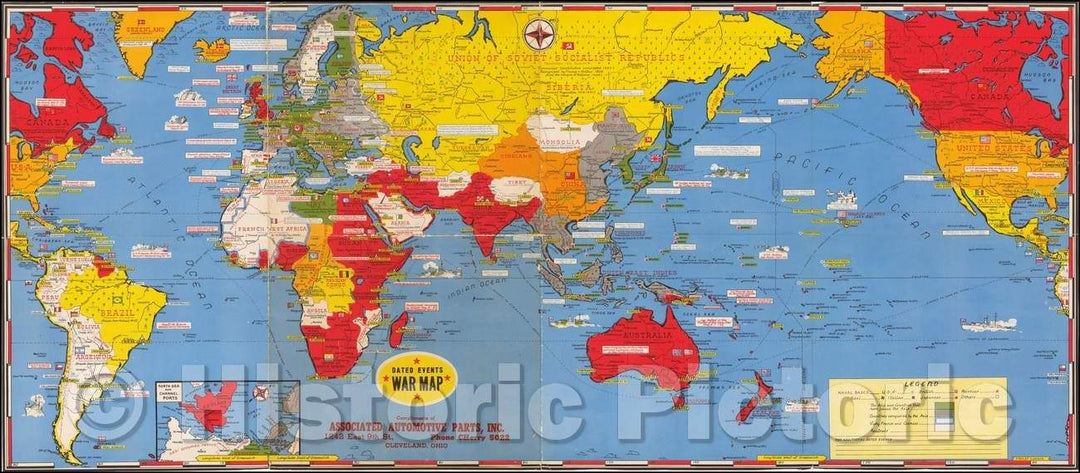 Historic Map - World Dated Events War Map Compliments of Associated Automotive Parts, Inc, 1943, Stanley Turner - Vintage Wall Art