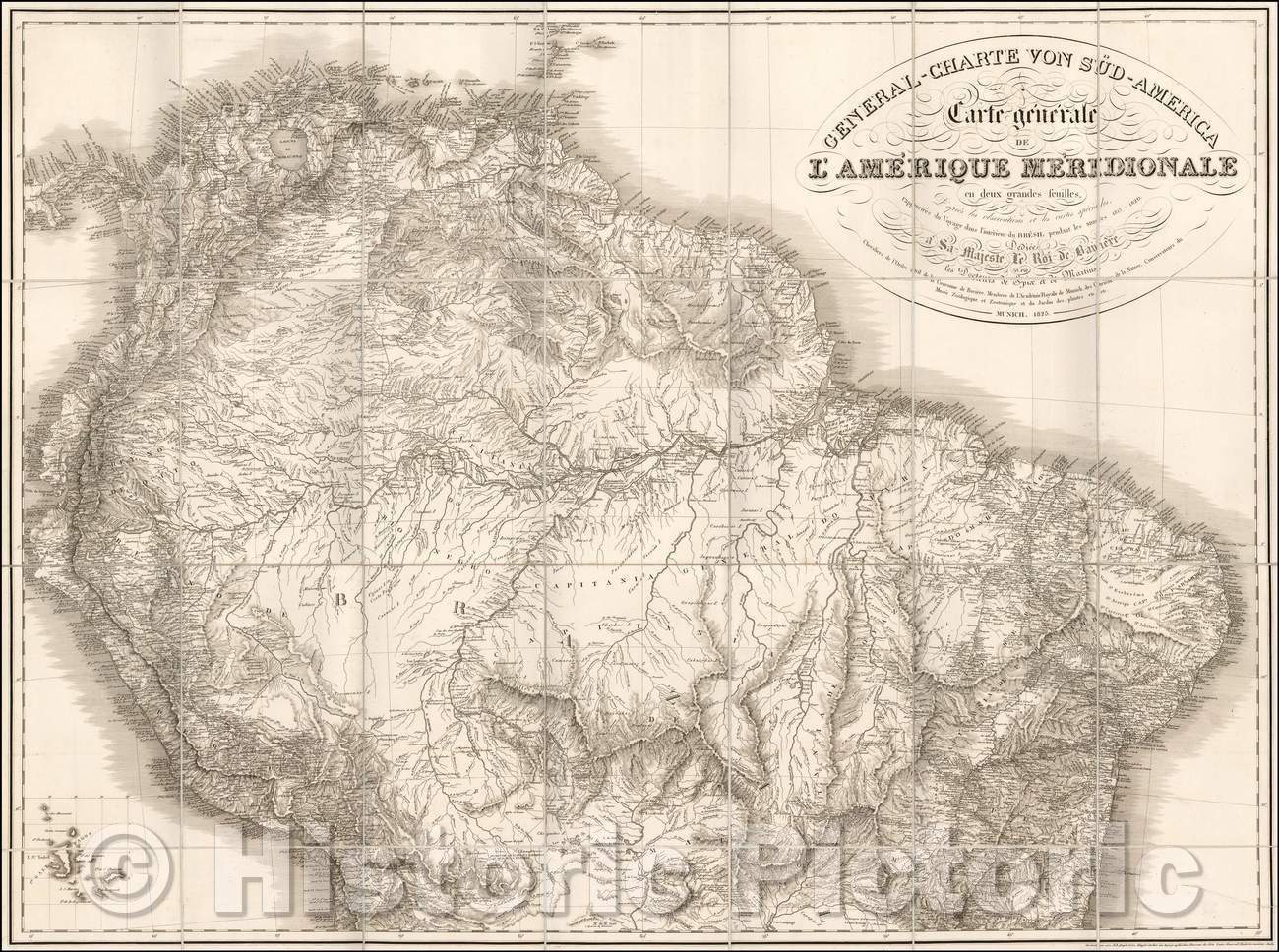 Historic Map - Generale-Charte Von Sud-America - Carte Generale De L'Amerique Meridionale en deux/South Amreica, Northern Brazil and the Amazon, 1825 - Vintage Wall Art