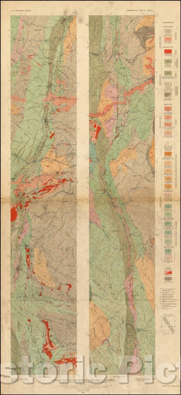 Historic Map - Geological Map of the Mother Lode Belt, California, 1928, U.S. Geological Survey - Vintage Wall Art