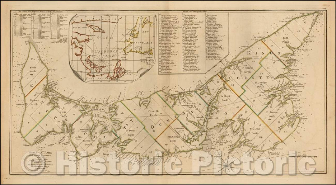 Historic Map - Island of St. John In the Gulf of St. Laurence Divided Into Counties & Parishes And the Lots as granted, 1775, Samuel Holland - Vintage Wall Art