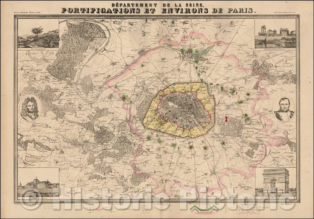 Historic Map - Fortifications et Environs de Paris. / Plan of the fortifications and environs of Paris, 1840, Charles Avril - Vintage Wall Art