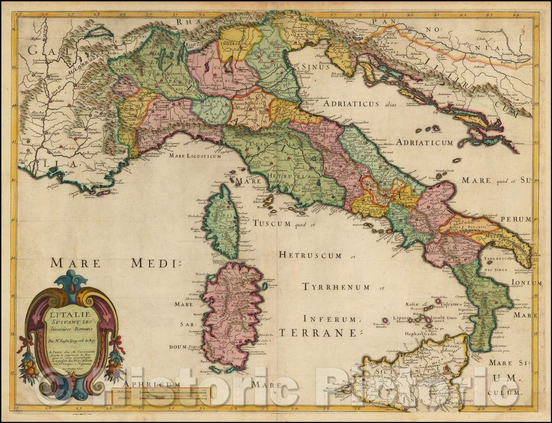 Historic Map - L'Italie Suivant Les Itineraires Romains/Map of Italy, 1641, Melchior Tavernier - Vintage Wall Art