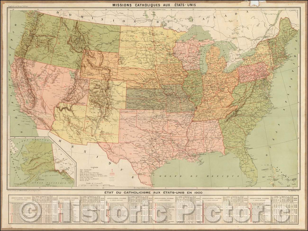 Historic Map - Missions Catholiques Aux Etats-Unis/Map showing the Catholic Missions in the United States, 1900, Dufrenoy - Vintage Wall Art