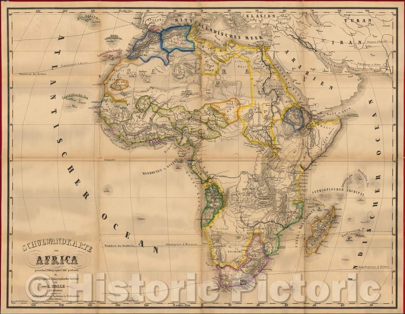 Historic Map - Schulwandkarte von Africa gezeichnet und lithographirt von L. Holle/Wall Map of Africa, published by Leinhert Holle in Wolfenbuttel, 1855 - Vintage Wall Art