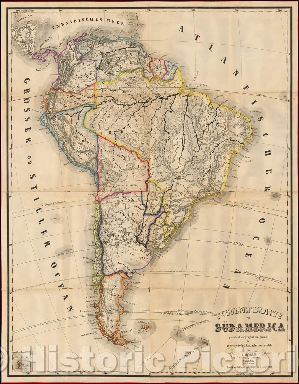 Historic Map - Schulwandkarte von Sud-Amerika gezeichnet und lithographirt von L. Holle/Map of South America, Leinhert Holle in Wolfenbuttel, 1855 - Vintage Wall Art