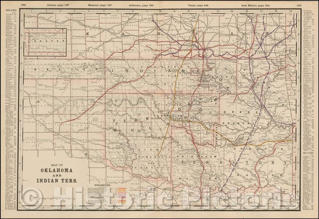 Historic Map - Map of the Oklahoma Country in the Indian Territory, 1892, George F. Cram - Vintage Wall Art