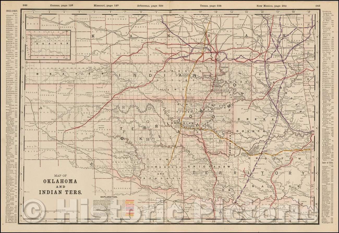 Historic Map - Map of the Oklahoma Country in the Indian Territory, 1892, George F. Cram - Vintage Wall Art