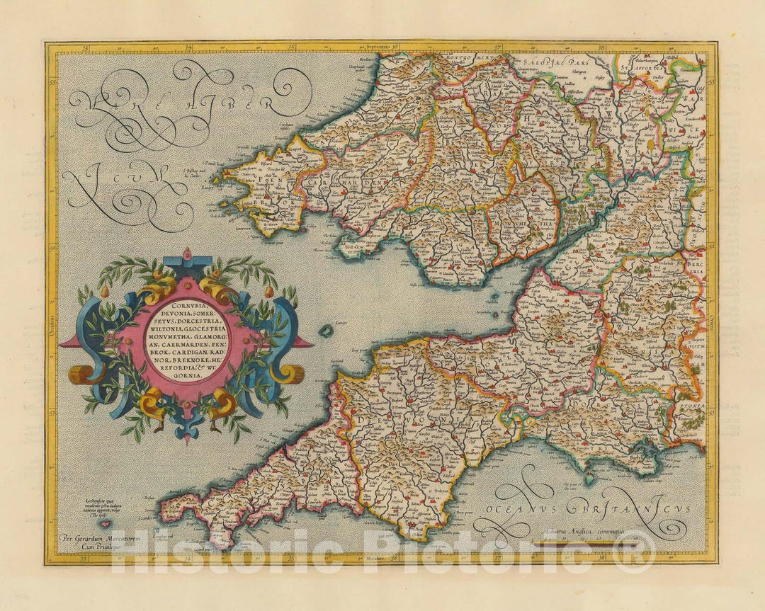 Historic Map - Southwestern England, Cornwall, Devon, Sommerset, Dorset, Wilton, Glouchester, Glamorgan, Caermarden, Penbroke, Cardigan, 1610 - Vintage Wall Art