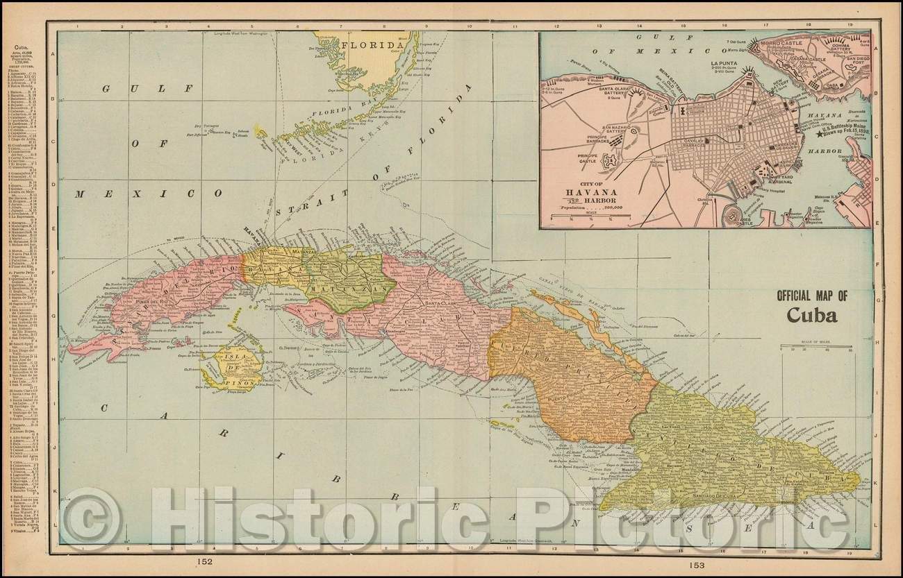 Historic Map - Official Map of Cuba (Inset of City of Havana and Harbor), 1892, George F. Cram - Vintage Wall Art