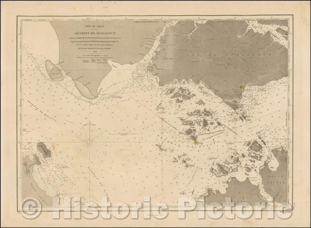 Historic Map - Detroit De Singapour Partie Comprise Entre Singaour et Le Dett. De Malacca d'apres les travaux du Commr, 1873, Depot de la Marine - Vintage Wall Art