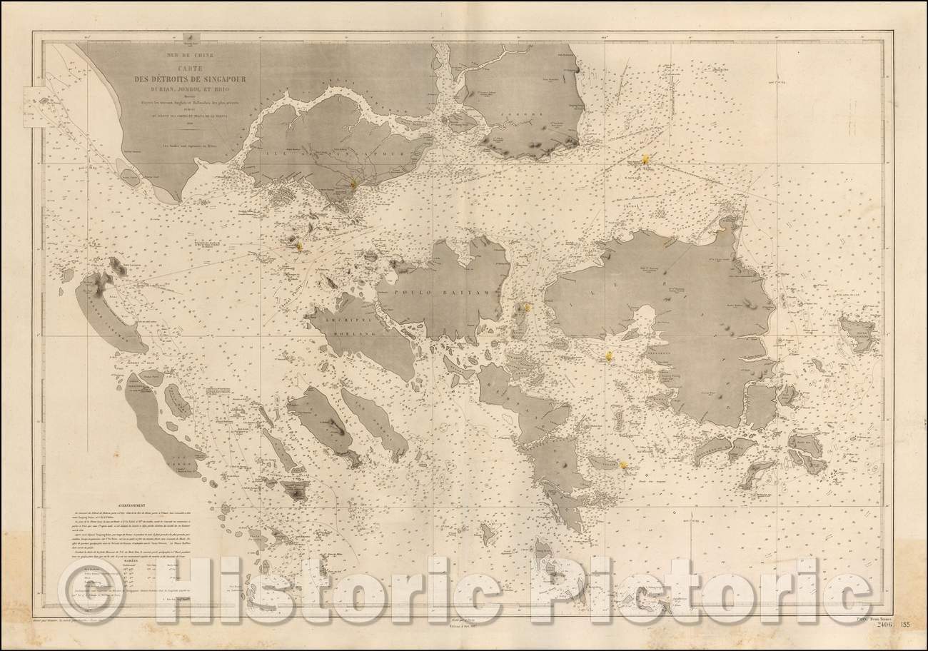 Historic Map - Carte Des Detroits De Singapour Durian, Jombol et Rhio Dressee d'apres les travaux Anglais et Hollandais, 1866, Depot de la Marine - Vintage Wall Art