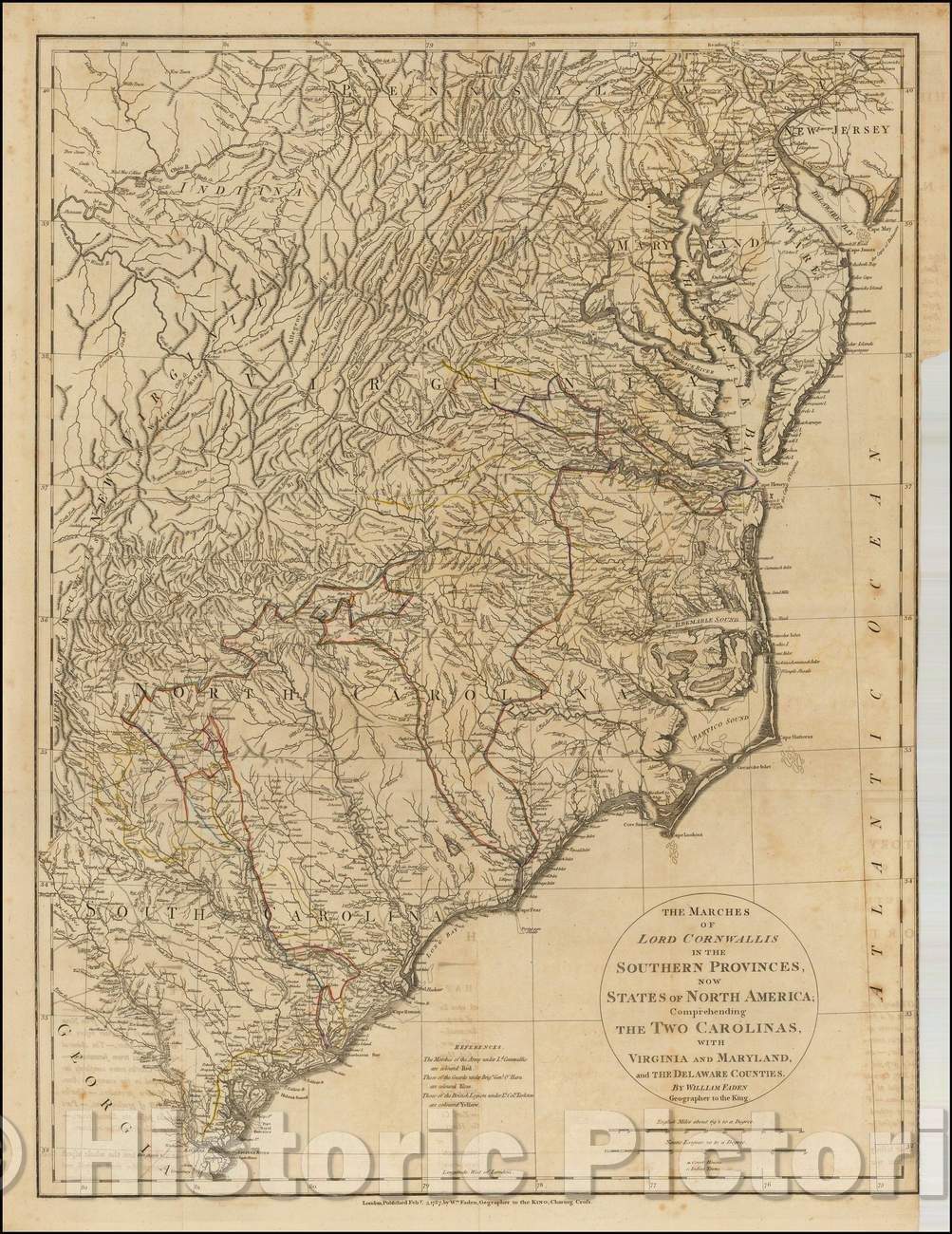 Historic Map - The Marches of Lord Cornwallis in the Southern Provinces, Now States of North America; with Virginia and Maryland and the Delaware Counties, 1787 - Vintage Wall Art