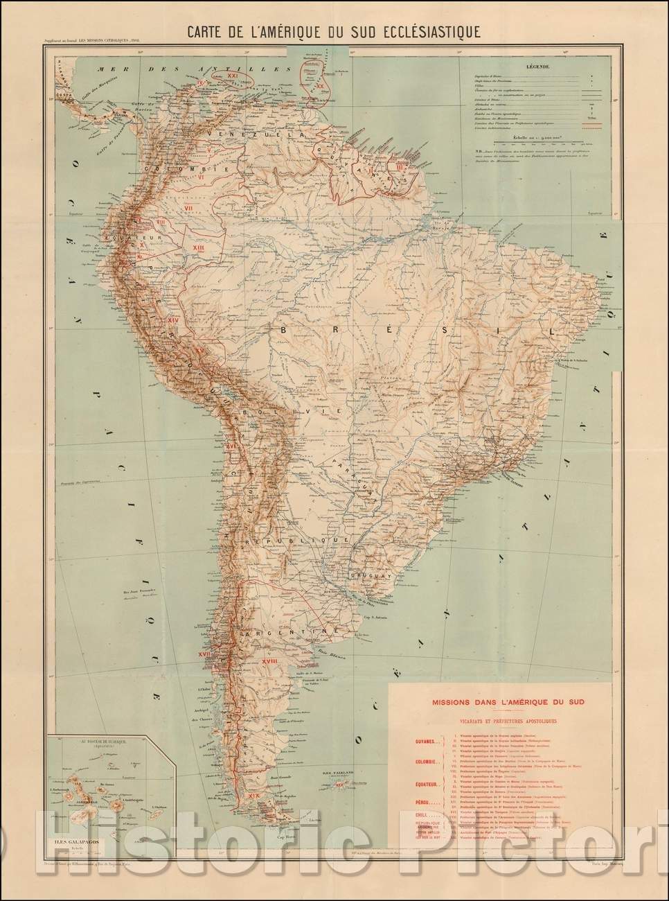 Historic Map - Carte De L'Amerique Du Sud Ecclesiastique/Map showing the Catholic Missions in South America, 1908, Les Missions catholiques - Vintage Wall Art