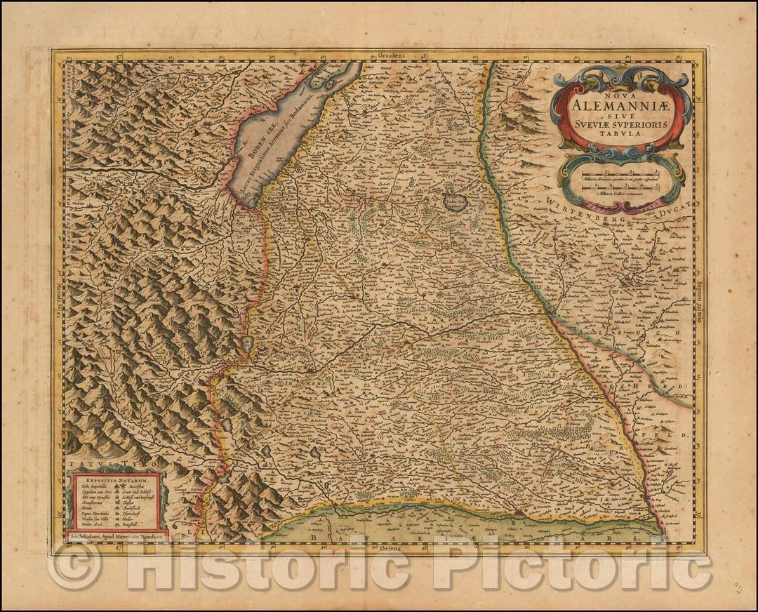 Historic Map - Nova Alemanniae sive Sueviae Superioris Tabula/Regional Map of Germany, oriented with East West at the top, 1630, Henricus Hondius - Vintage Wall Art