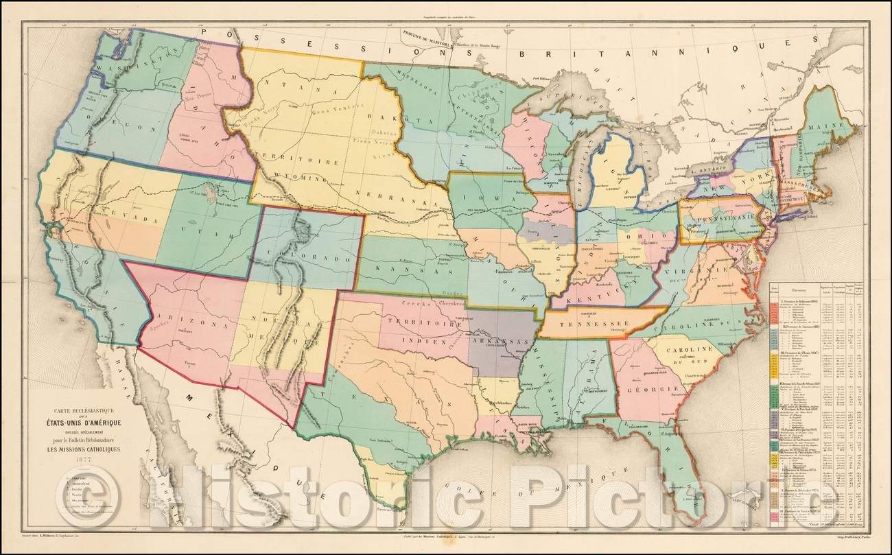 Historic Map - Carte Ecclesiastique Des Etats-Unis D'Amerique Dressee Specialement pour le Bulletin Hebdomadaire Les Missions Catholiques, 1877, Dufrenoy - Vintage Wall Art