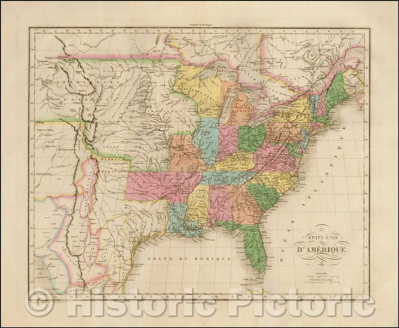 Historic Map - Etats-Unis d'Amerique/Map of the United States, published in Paris by Taride, 1825, Jean Alexandre Buchon - Vintage Wall Art