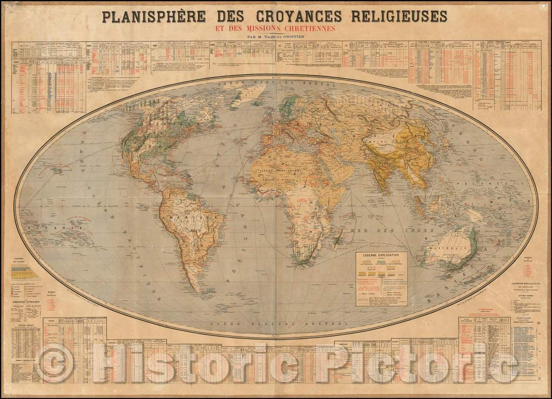 Historic Map - Planisphere Des Croyances Religieuses et des Missions Chretiennes Par M. Valerien Groffier. :: Western Hemisphere in mirror image format, 1882 - Vintage Wall Art