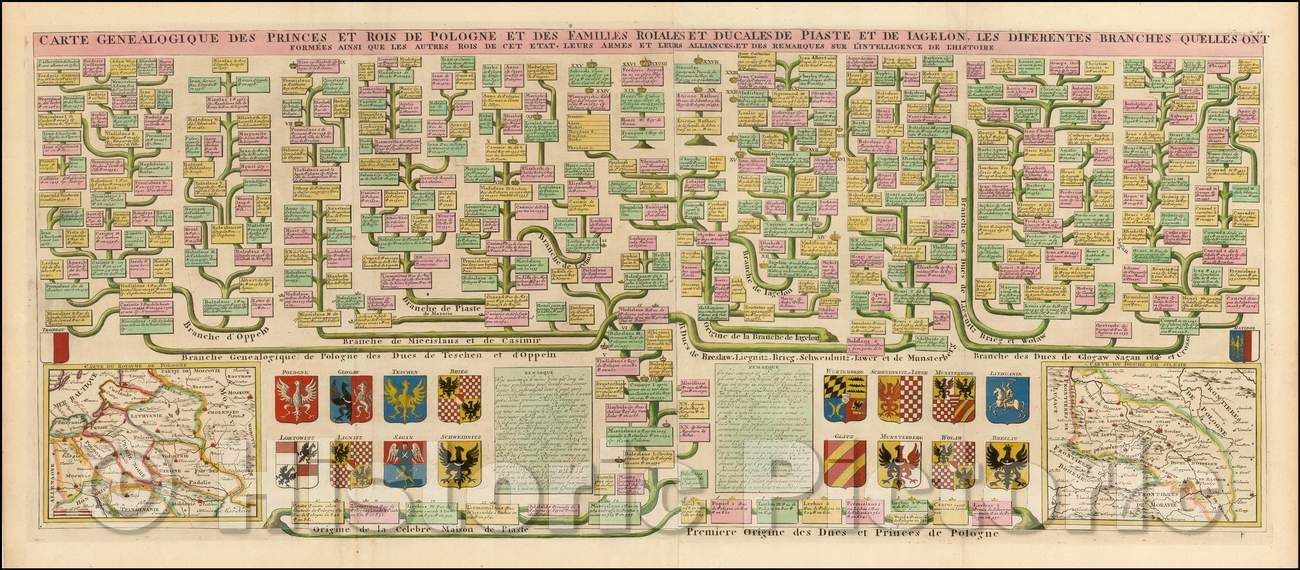 Historic Map - Carte Genealogique Des Princes Et Rois De Pologne Et Des Familles Ro/Genealogical tree, showing the lineage of Princes of Poland, 1714 - Vintage Wall Art