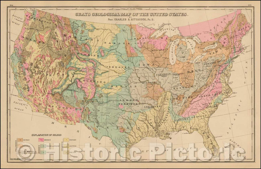 Historic Map - Gray's Geological Map of the United States, 1882, O.W. Gray & Son - Vintage Wall Art