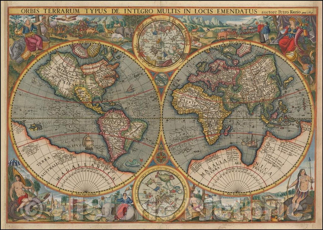 Historic Map - Orbis Terrarum Typus De Integro Multis In Locis Emendatus auctore Petro Kaerio anno 1607 / Double hemisphere World Map, 1607, Petrus Kaerius - Vintage Wall Art