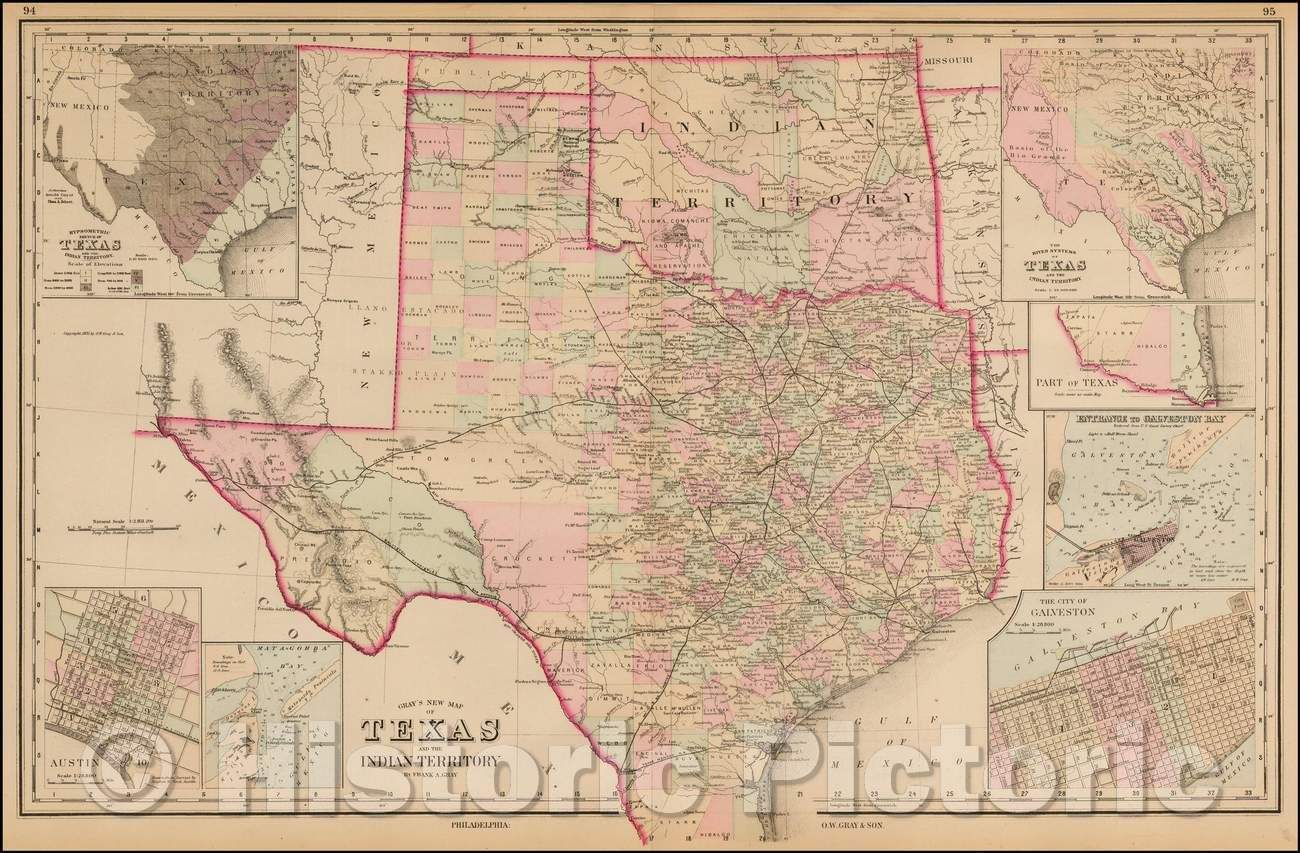 Historic Map - Gray's New Map of Texas and The Indian Territory, 1879, O.W. Gray - Vintage Wall Art