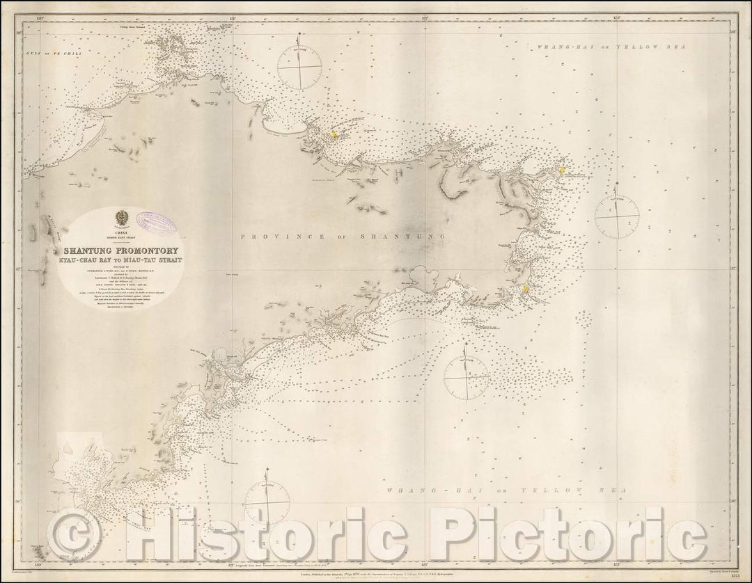 Historic Map - China North East Coast - Shantung Promontory Kyau-Chau Bay to Miau-Tau Strait Surveyed, 1876, British Admiralty - Vintage Wall Art