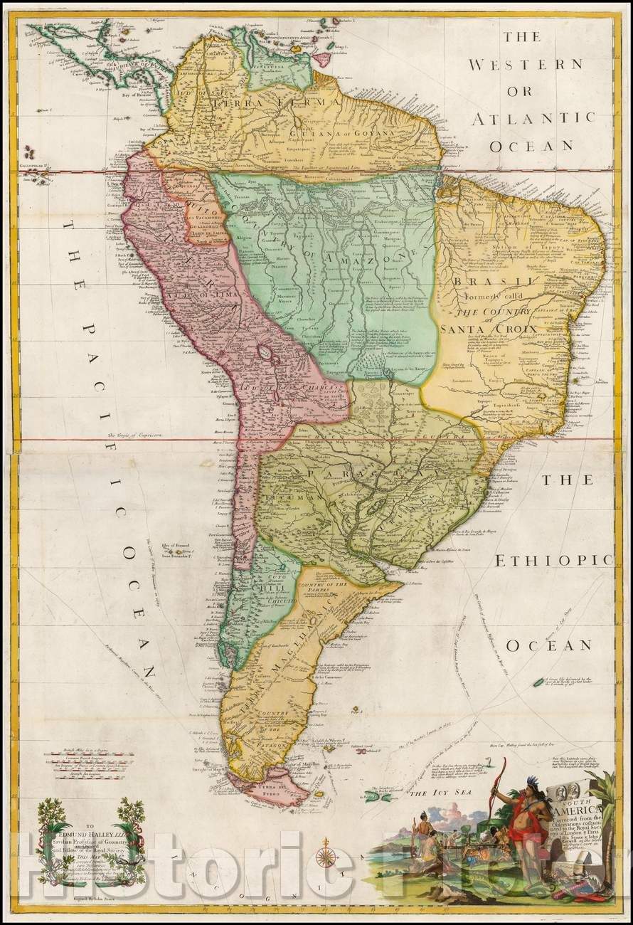 Historic Map - South America corrected from the Observations communicated to the Royal Society's of London & Paris, 1710, John Senex - Vintage Wall Art