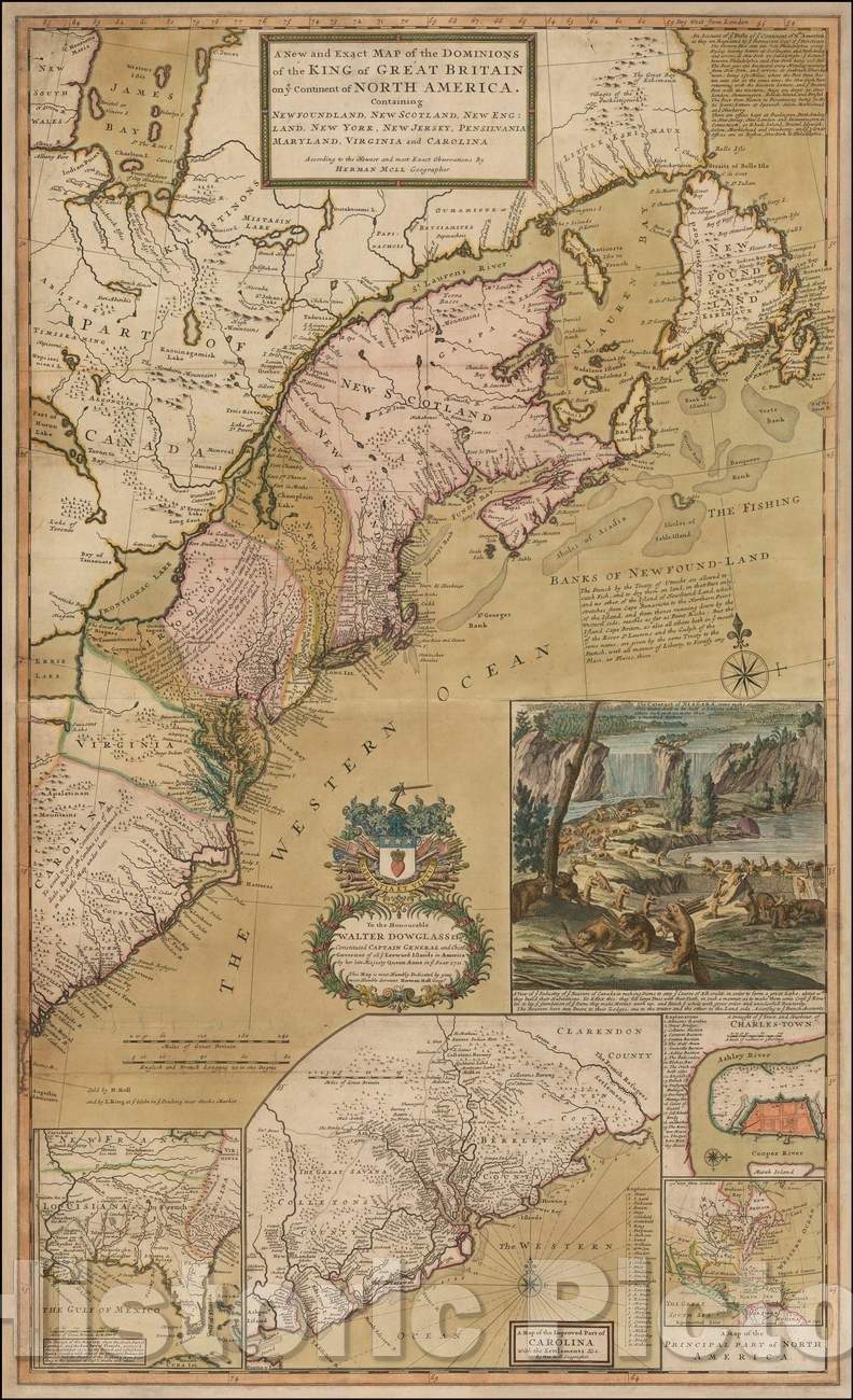 Historic Map - A New and Exact Map of the Dominions of the King of Great Britain on ye Continent of North America[the Beaver Map in full original color], 1726 - Vintage Wall Art