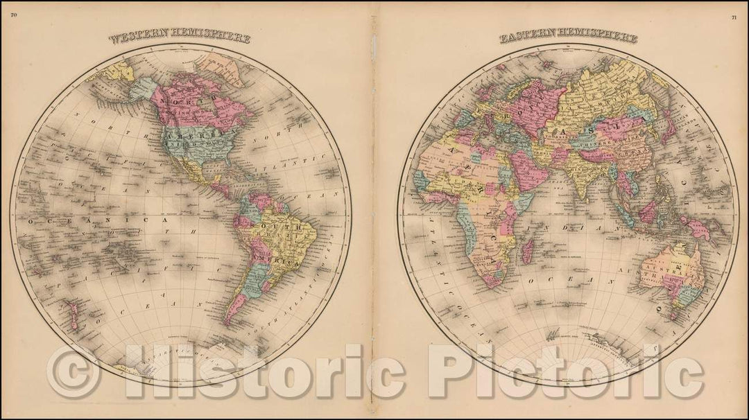 Historic Map - Eastern Hemisphere [with] Western Hemisphere, 1873, O.W. Gray - Vintage Wall Art