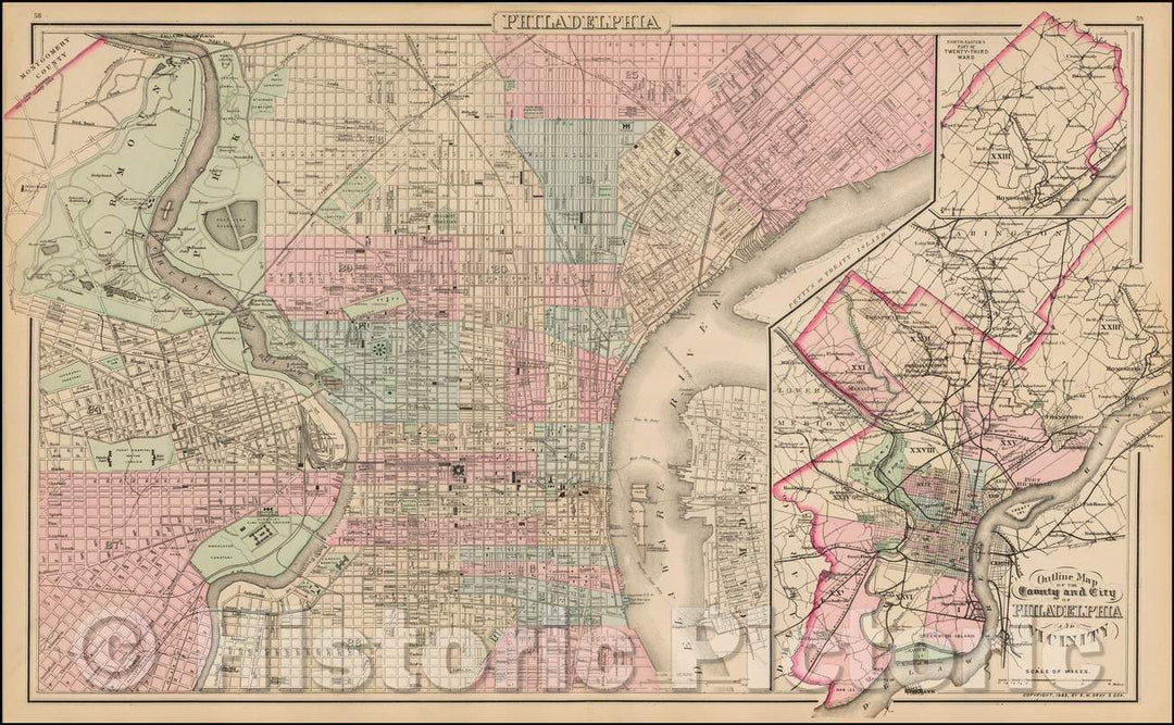 Historic Map - Outline Map of the County and City of Philadelphia and Vicinity [with] Philadelphia, 1873, O.W. Gray - Vintage Wall Art