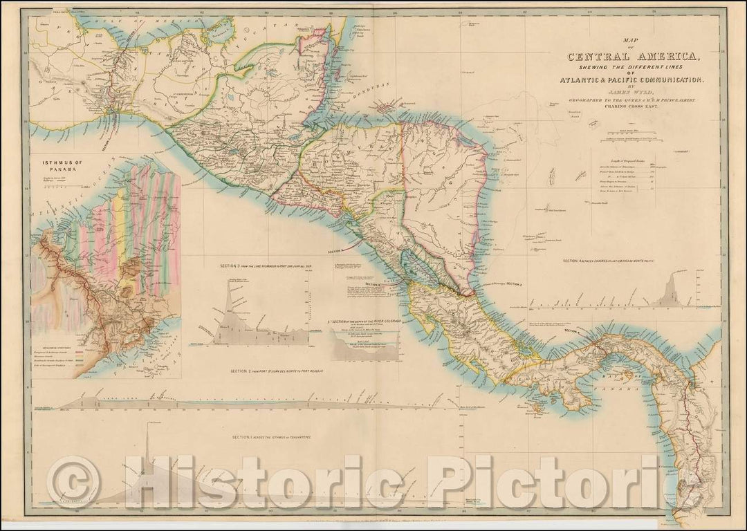 Historic Map - Map of Central America Shewing The Different Lines of Atlantic & Pacific Communication, 1862, James Wyld v1