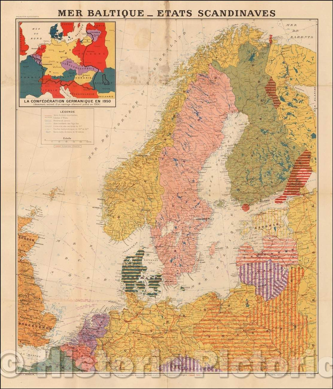 Historic Map - Mer Baltique - Etats Scandinaves/Baltic Sea - Scandinavian states, 1940, L. Bergalin - Vintage Wall Art